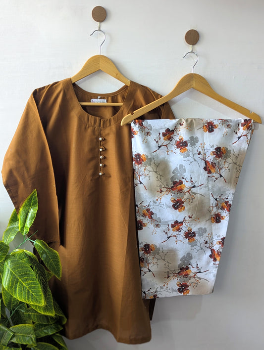 Mustard & White Floral Lawn Farshi Set - 2pcs