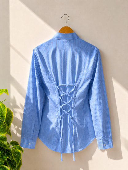 Blue Striped Corset Back Shirt
