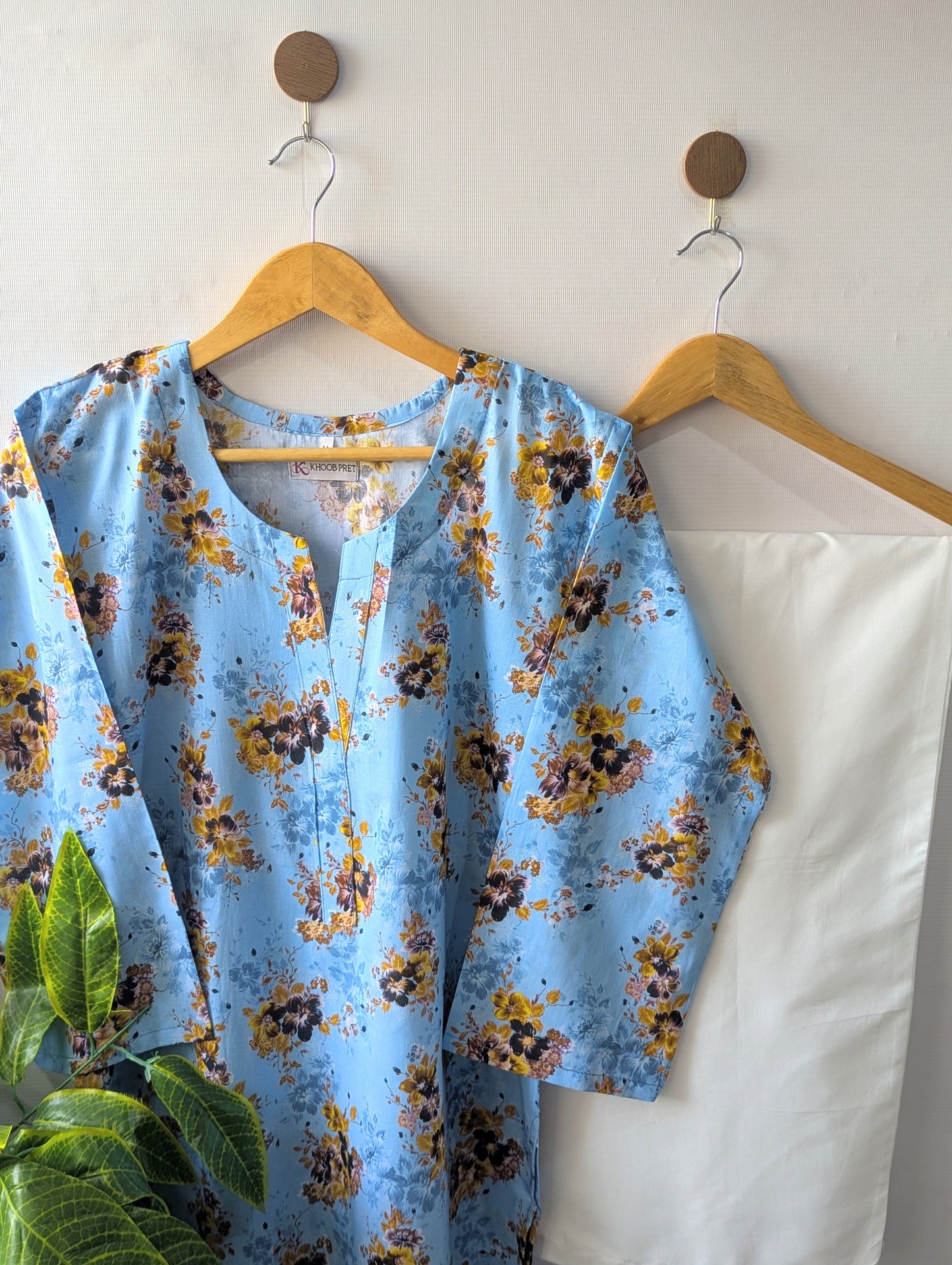 Sky Blue Floral & White Wide Leg Plazo - 2pcs