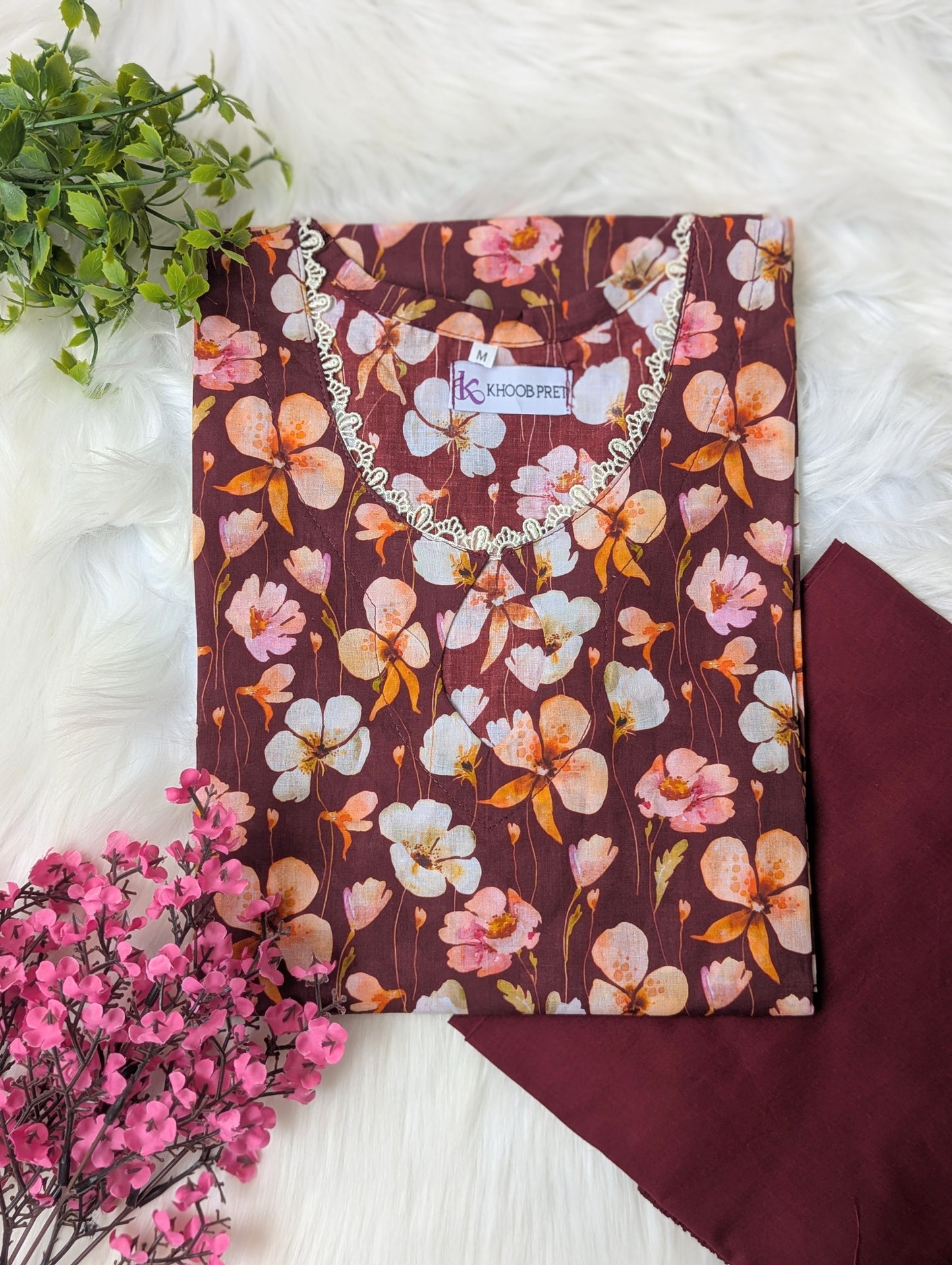 Maroon Petals & Solid Wide Leg Plazo - 2pcs