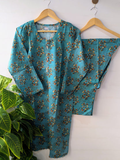 Teal Blue Florals lawn 2pc Co-ord set
