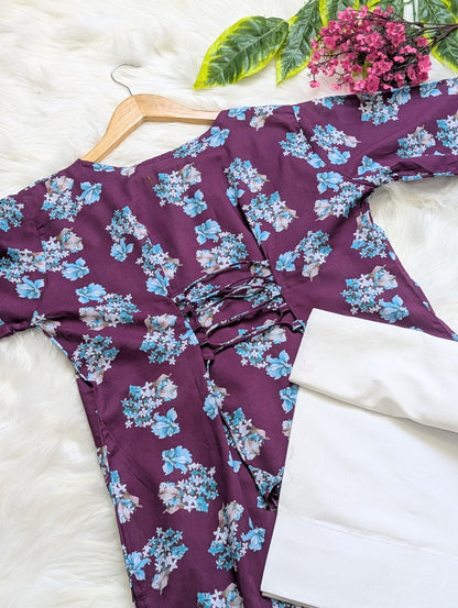 Burgundy Floral Lawn Farshi Set - Corset Back - 2pcs