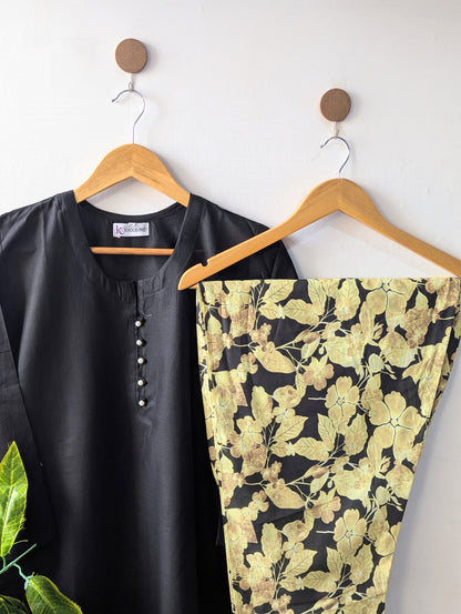Black & Floral Shalwar Lawn Farshi Set - 2pc