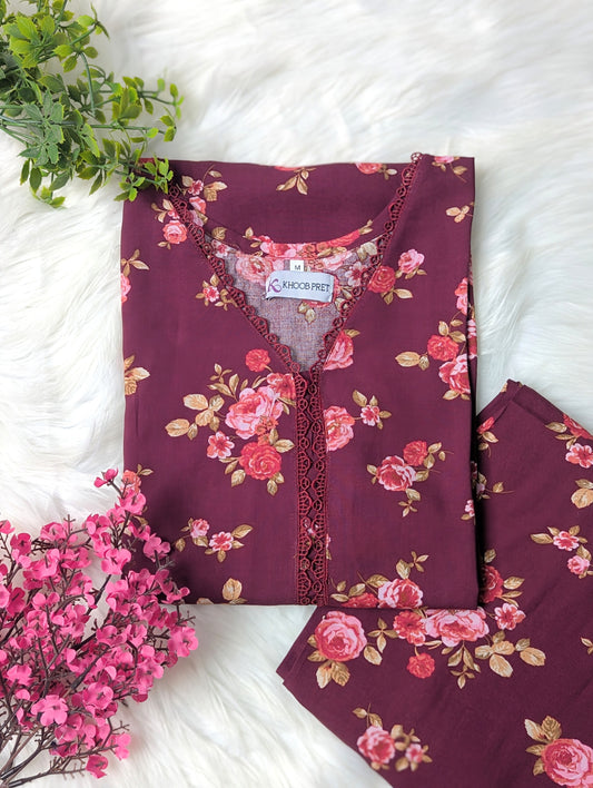 Burgundy Florals Linen Stitched 2pc