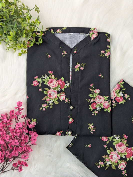 Black & Pink Floral Linen Stitched 2pc