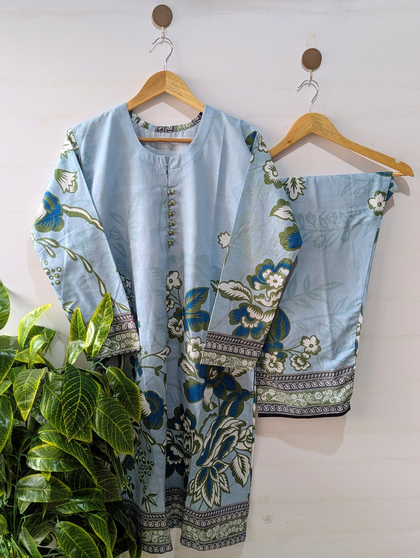 Sky Blue Floral Khaddar Stitched 2pc