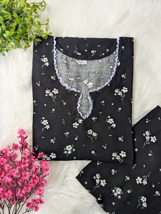 Black Florals Linen Stitched 2pc