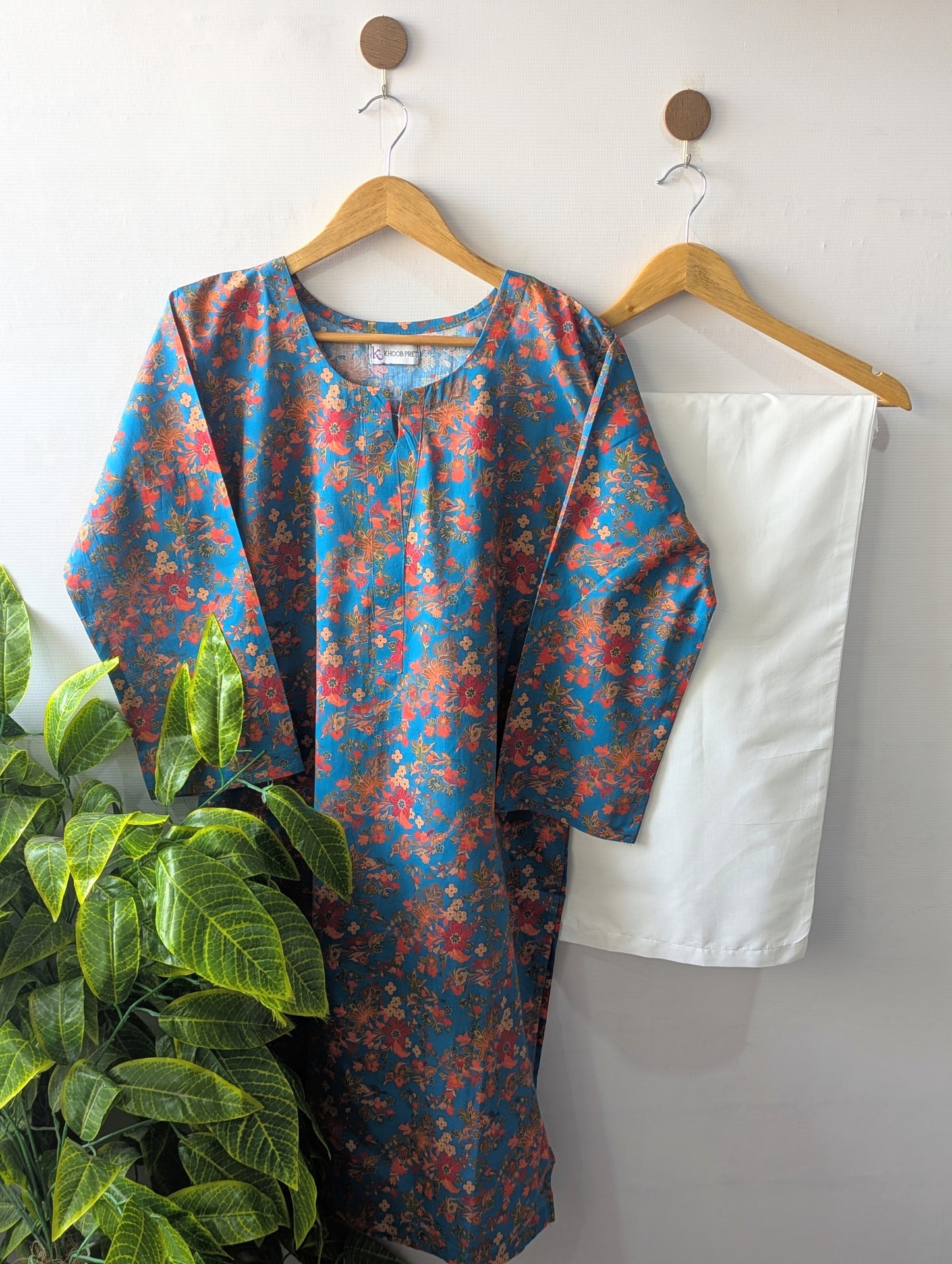 Azure Floral & White Wide Leg Plazo - 2pcs