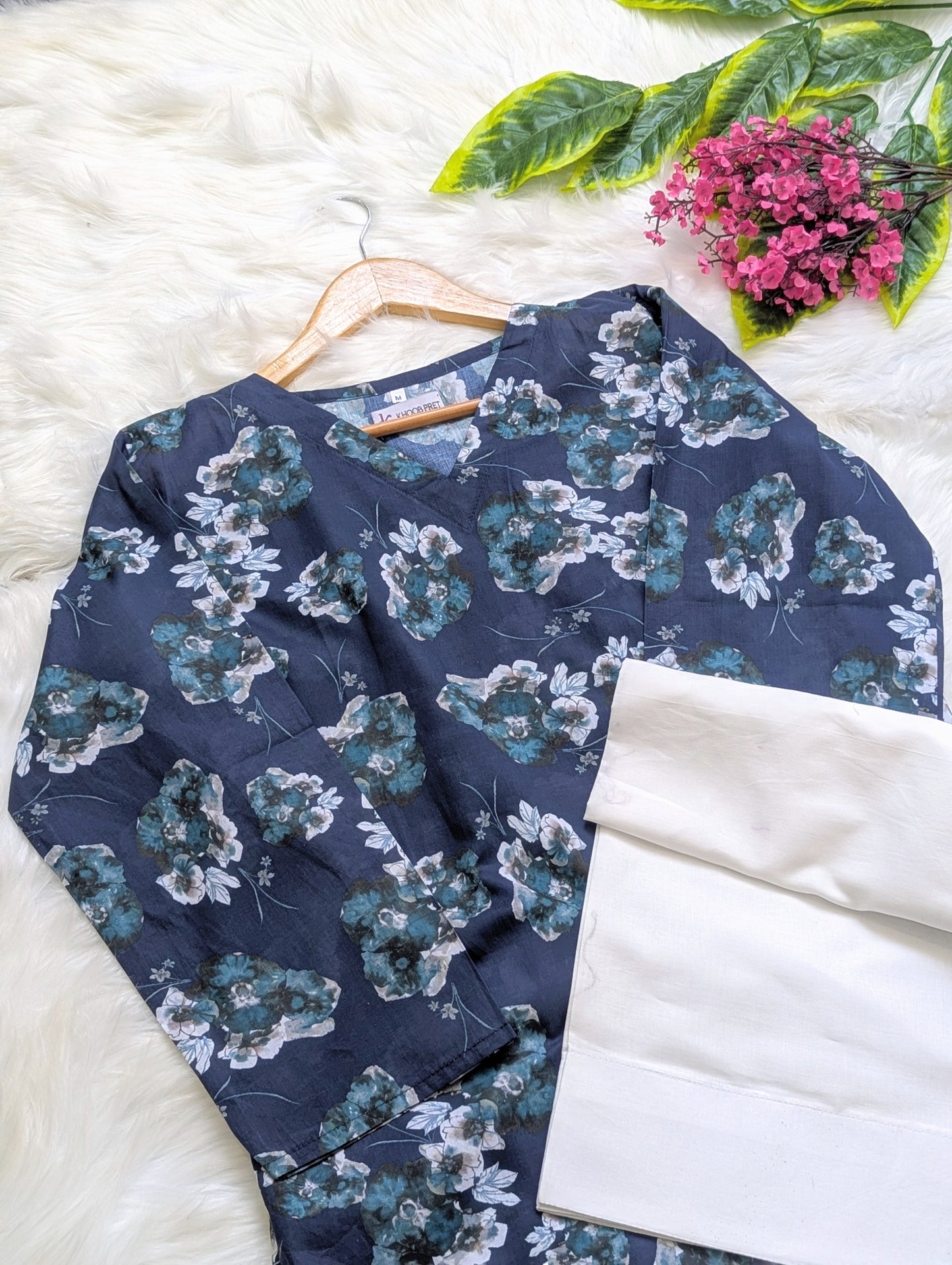 Navy Floral Lawn Farshi Set - Corset Back - 2pcs