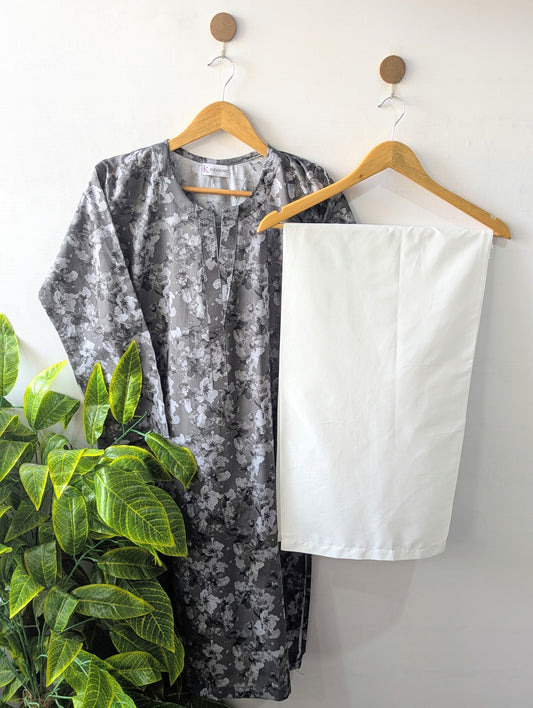 Greyish Floral & White Wide Leg Plazo - 2pcs