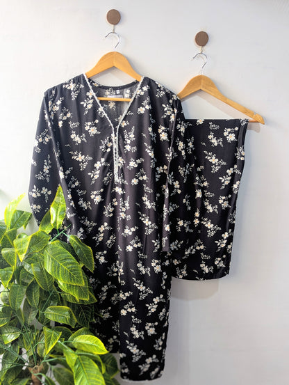 Black Petals Linen Stitched 2pc