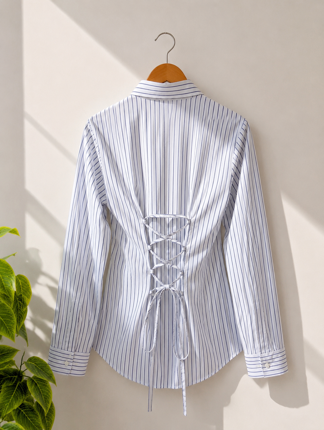 Blue Striped Corset Back Shirt