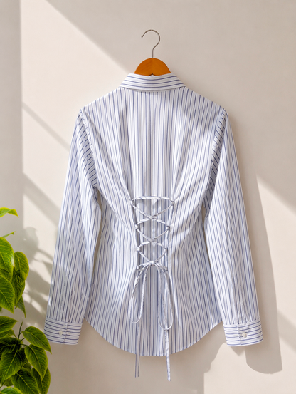 Blue Striped Corset Back Shirt