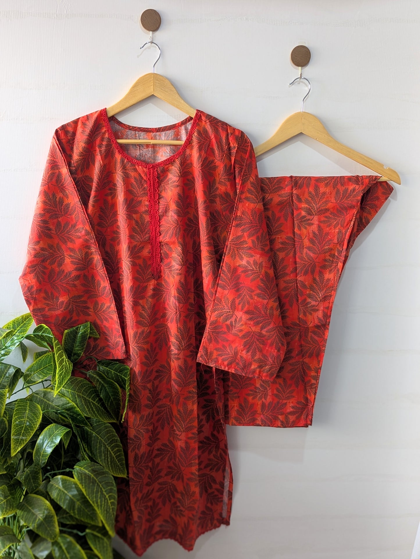 Red Leafs lawn 2pc Co-ord Set