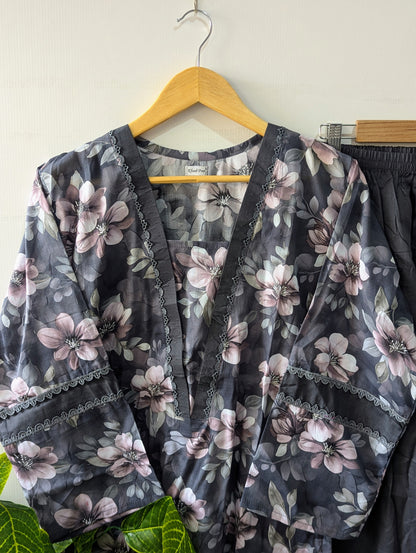 Ice Grey Floral Lawn Farshi Shalwar Set - 2pc Dress
