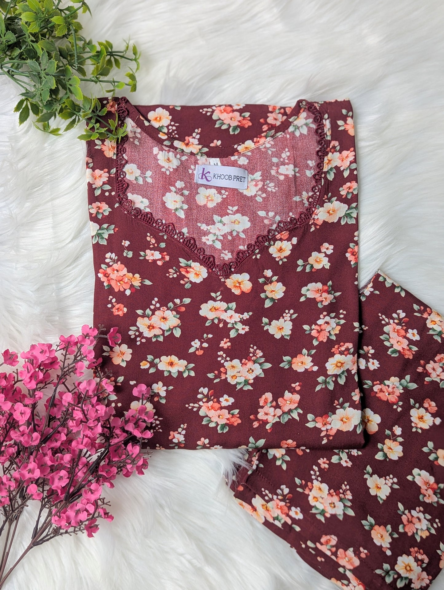 Maroon Petals Linen Stitched 2pc