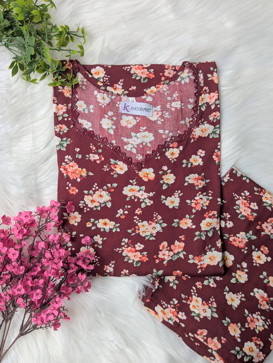 Maroon Petals Linen Stitched 2pc