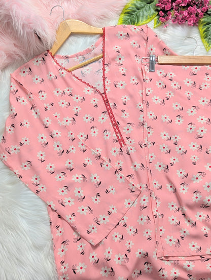 Pink Florals Linen Stitched 2pc