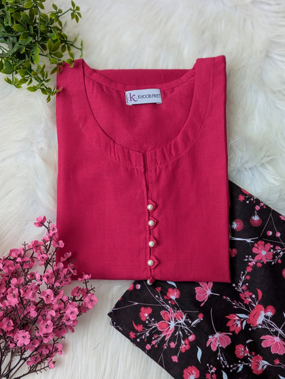 Shocking Pink & Floral Lawn Farshi Set - 2pc