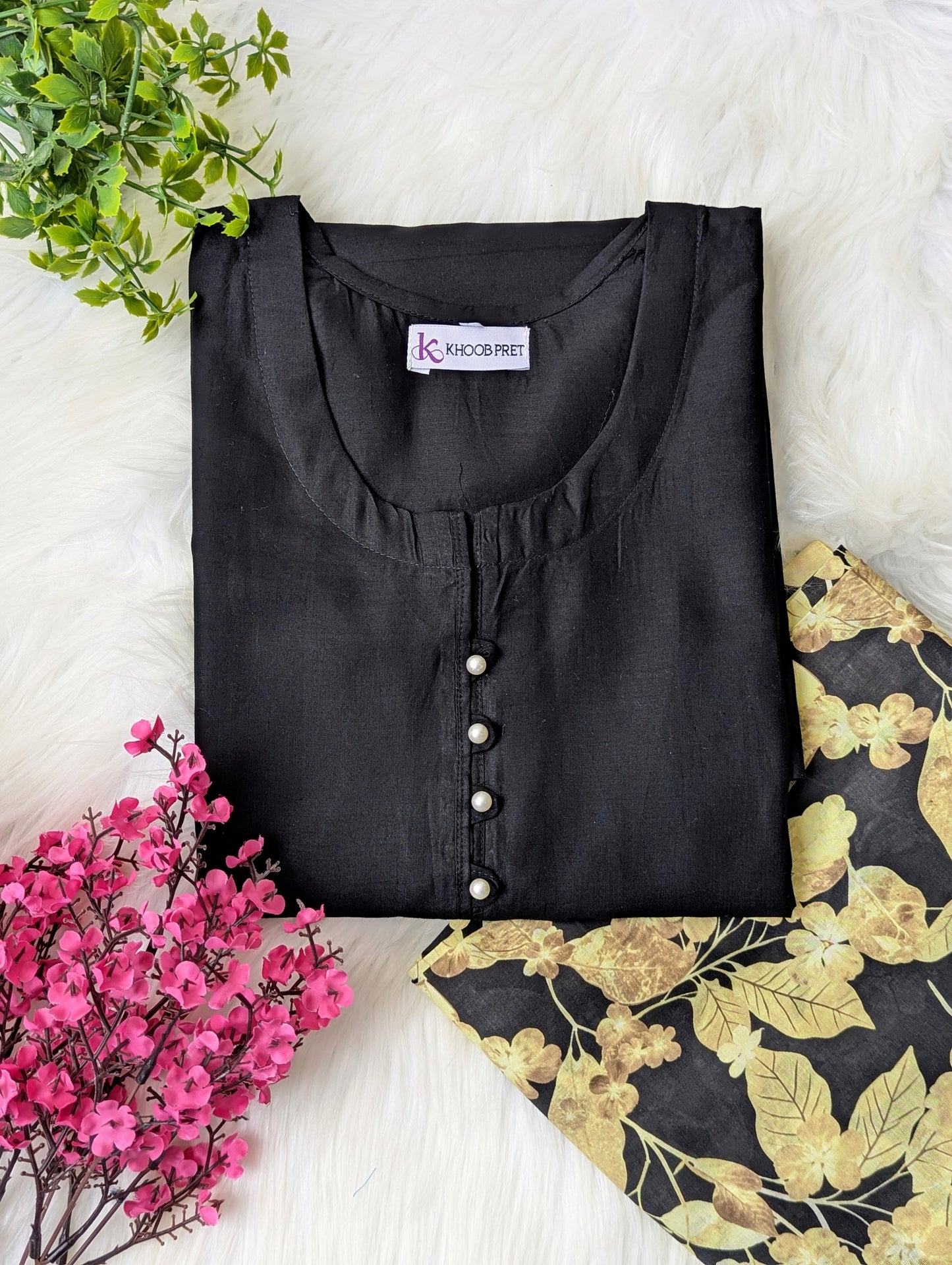Black & Floral Shalwar Lawn Farshi Set - 2pc